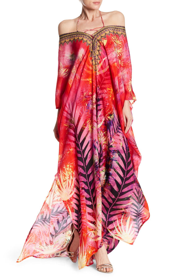 Loungewear Red Kaftan in Tropical Print