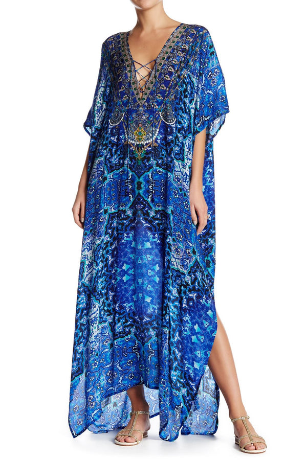 V Neckline Designer Kaftan in Silk