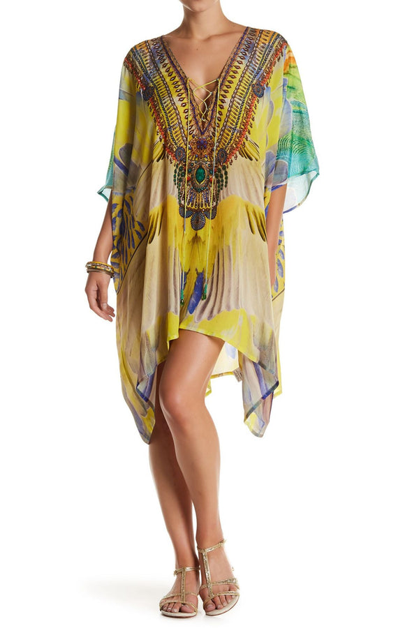 Designer Summer short kaftan dress yellow