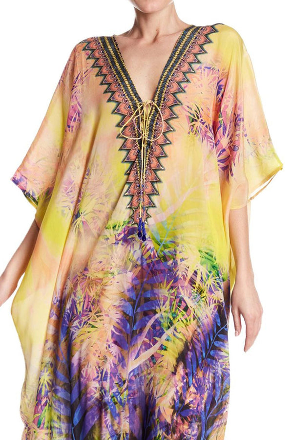 Palm Print Short kaftan Dress in yellow