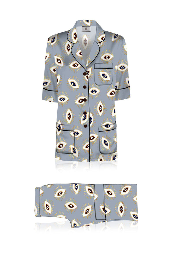 Biodegradable Fabrics Vegan Silk Half Sleeve Pajama Set in  Evil Eye Grey