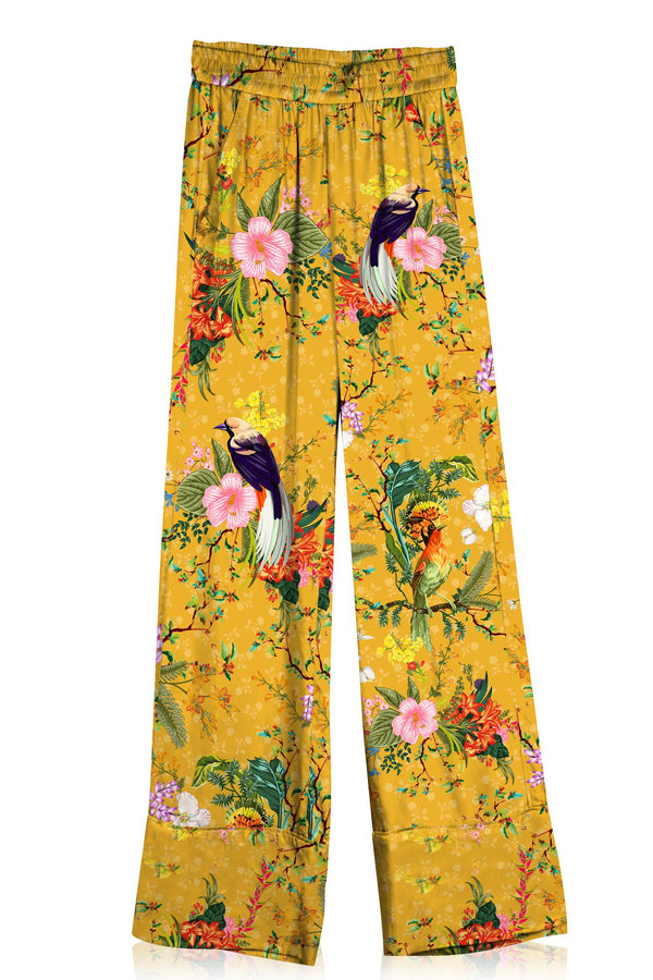 Bird Print Straight Leg Pants- Mellow Yellow