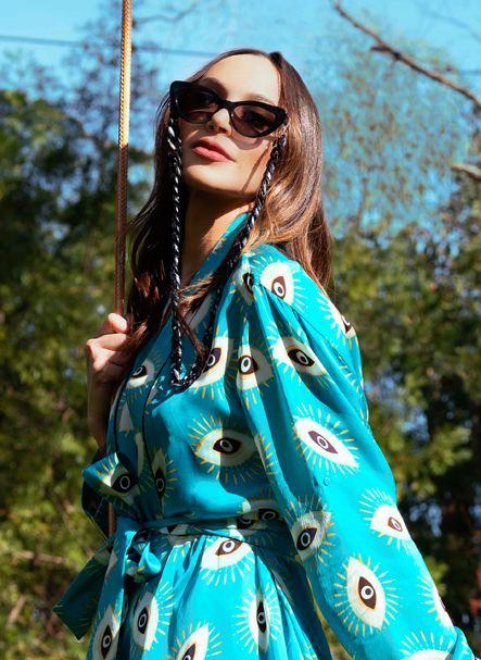 Made with Vegan Silk Long Kimono Robe Dress in Evil Eye Aqua