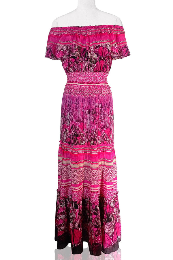 Off the Shoulder Ruffle Maxi Dress in Fuchsia