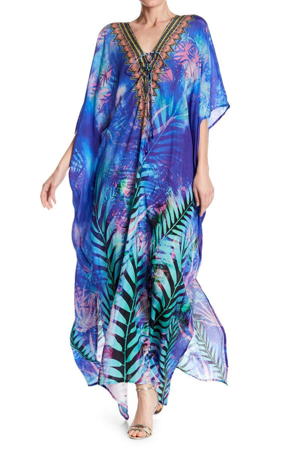 Tropical Print Kaftan V Neckline