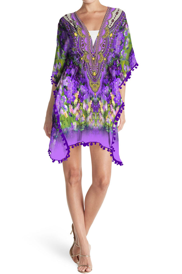 Designer Summer Floral Print Beach Coverup in Purple