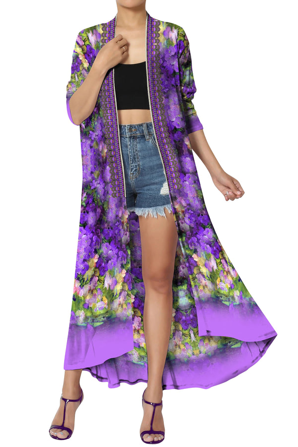 Long Sheer Duster In Floral Print Purple