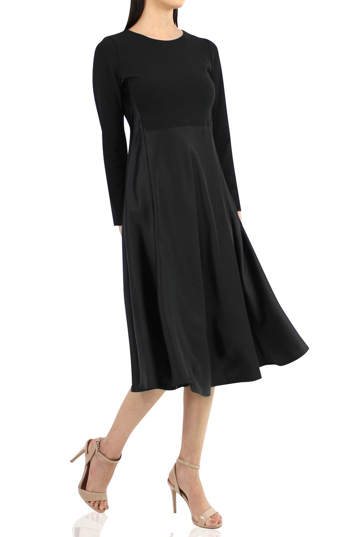 Satin-Silk-Women-Designer-Black-Midi-Dress-By-Kyle