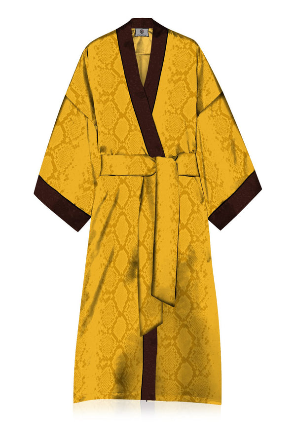 Cupro Vegan Silk Kimono Solid Golden Cob Robe in Midi Length