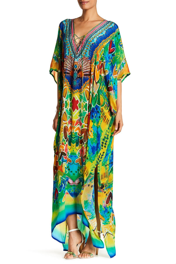 Plunging Neck Silk Kaftan Green