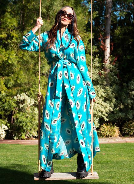 womens long kimono robe,
printed silk robe,
designer silk robe,
Kyle X Shahida,