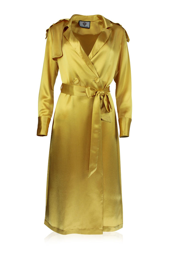 Women Belted Satin Trench Coat In Yellow