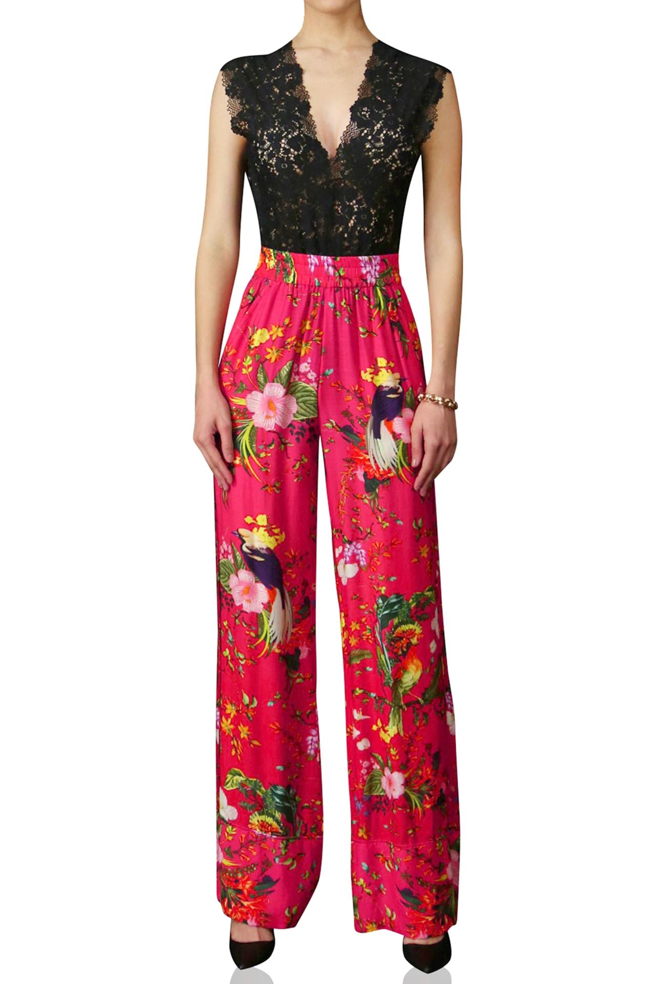 Floral print silk pant in ivory and pink