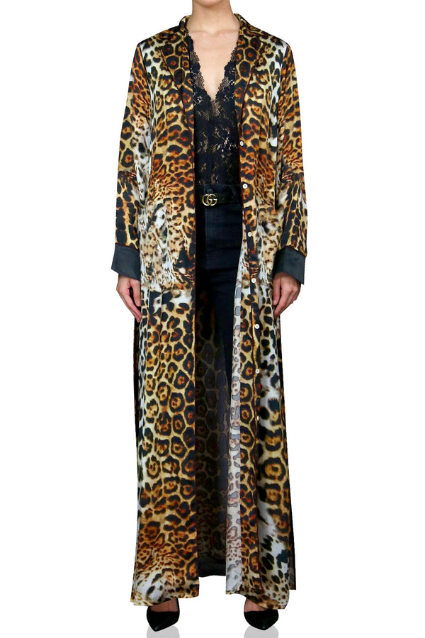 Long Silk Satin Jacket in Animal Print