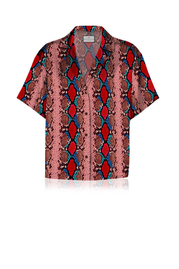 Sustainable Satin Silk Half Sleeve Shirt in Red Stone