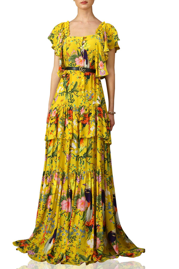 Printed Long Maxi Dress In Yellow