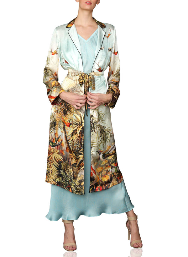 Nature Print Silk Long Robe Jacket