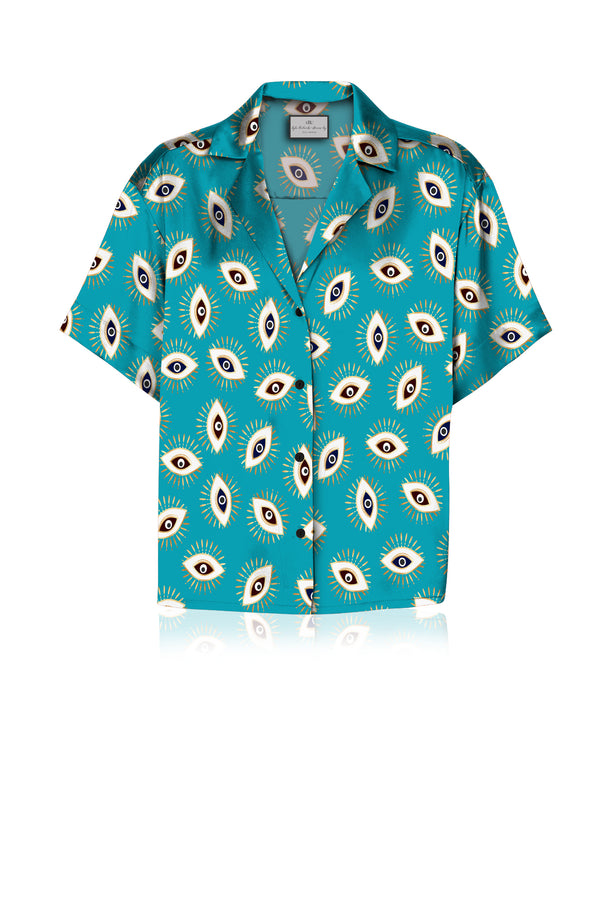 Biodegradable Fabrics Satin Silk Shirt Evil Eye Aqua