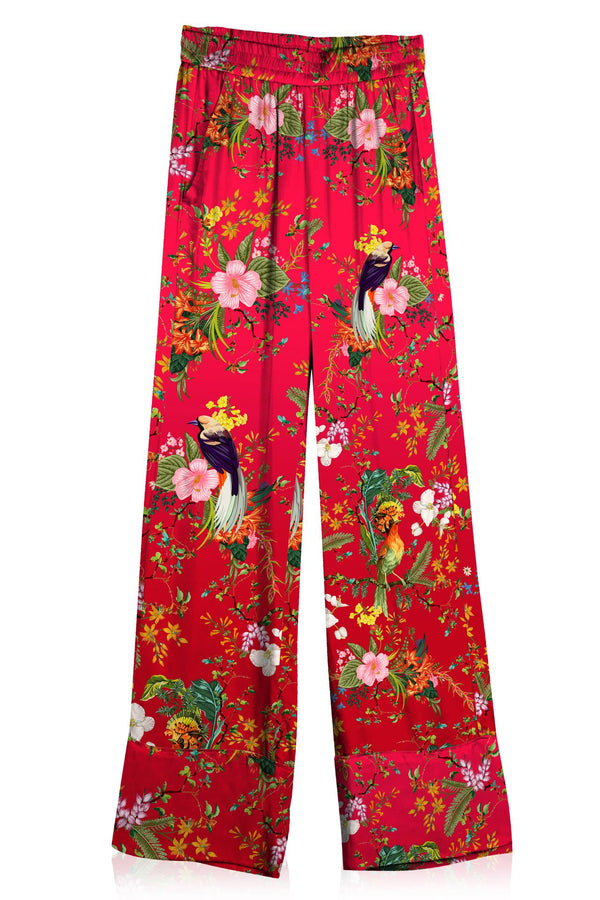 Bird Print Silk Pants in Red