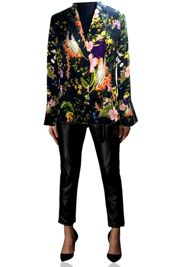 Bird Print Short Silk Jacket