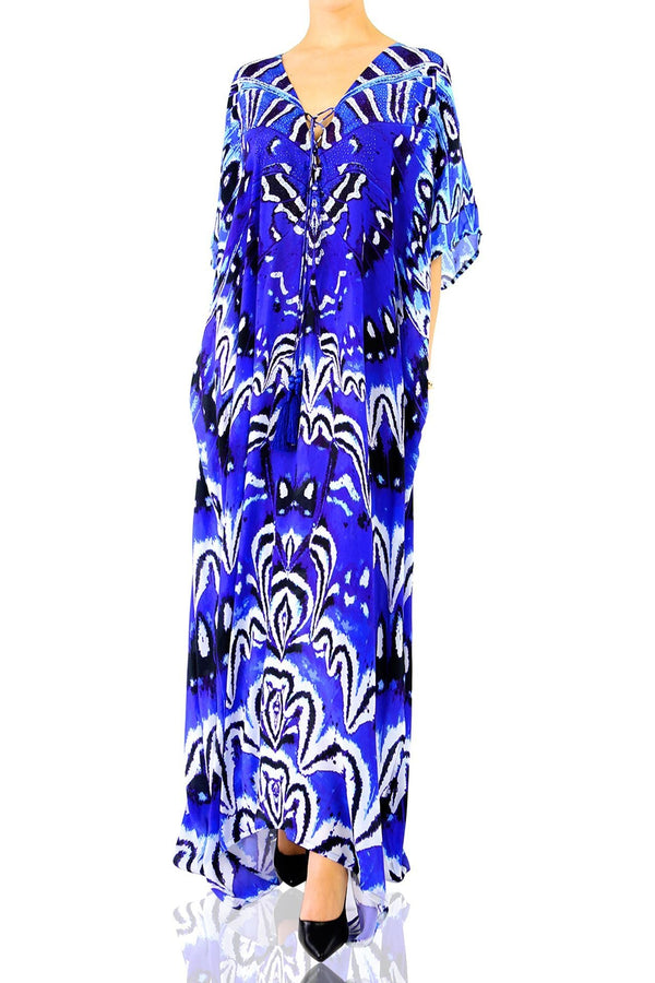 Butterfly-Print  Kaftan in Handkerchief-Hem Vacay Dress