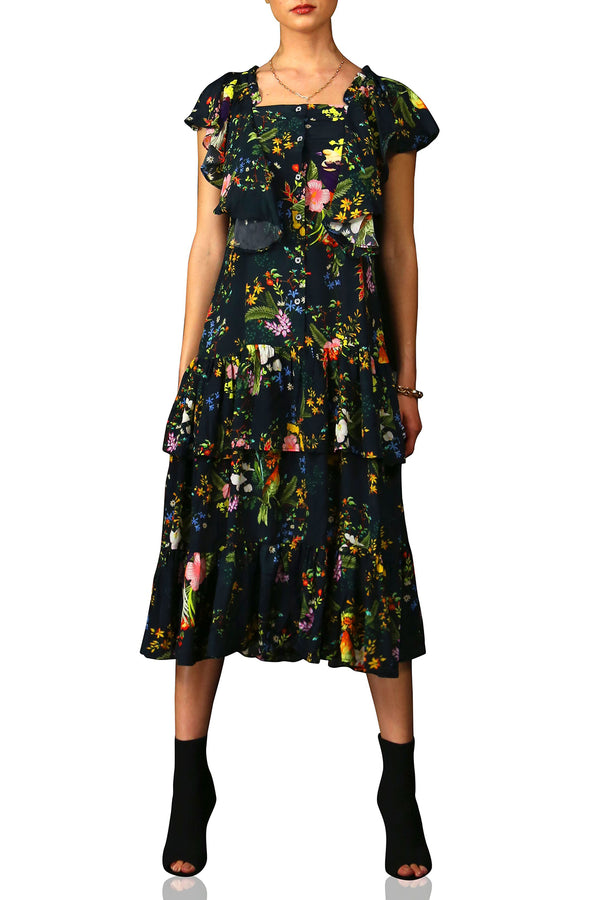 Ruffle Dress Midi in Flower Print